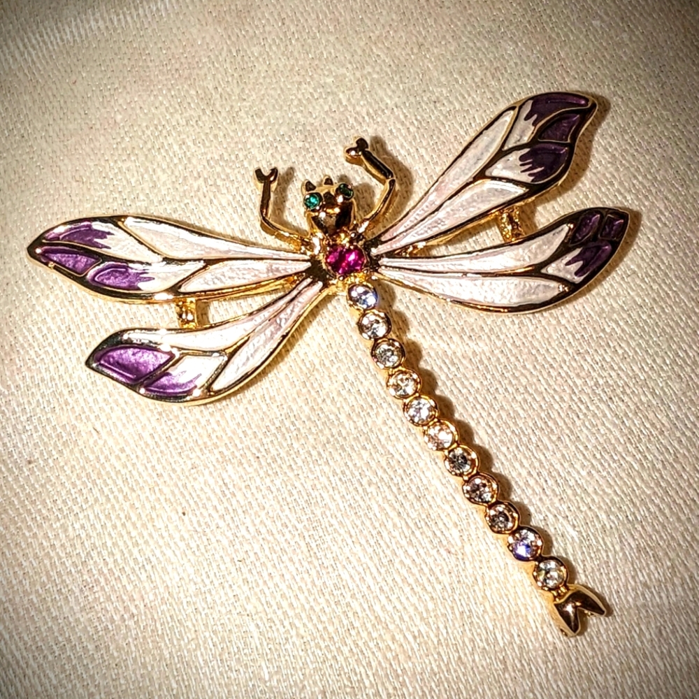 Vintage Unsigned Carucci Dragonfly Enamel Goldtone Rhinestone Brooch 2"